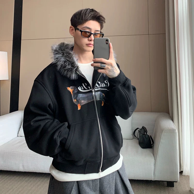 Bontkraag Hondenprint Hoodie Cardigan 