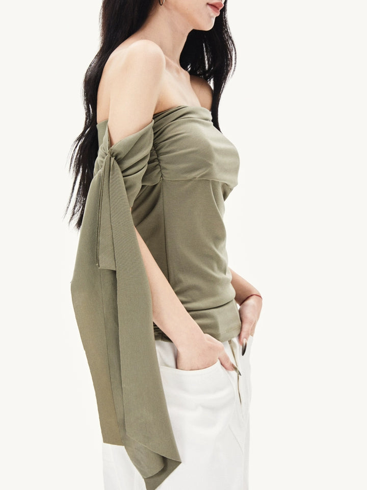 One-Shoulder Ribbon Knitted T-Shirt