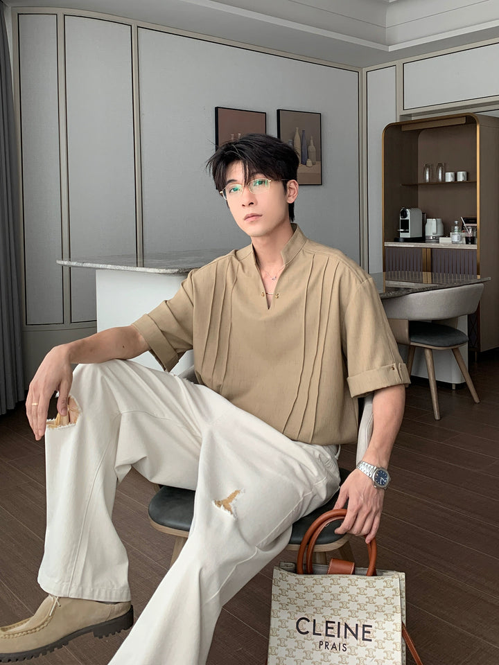 Stand-up Collar V-Neck Polo Shirt
