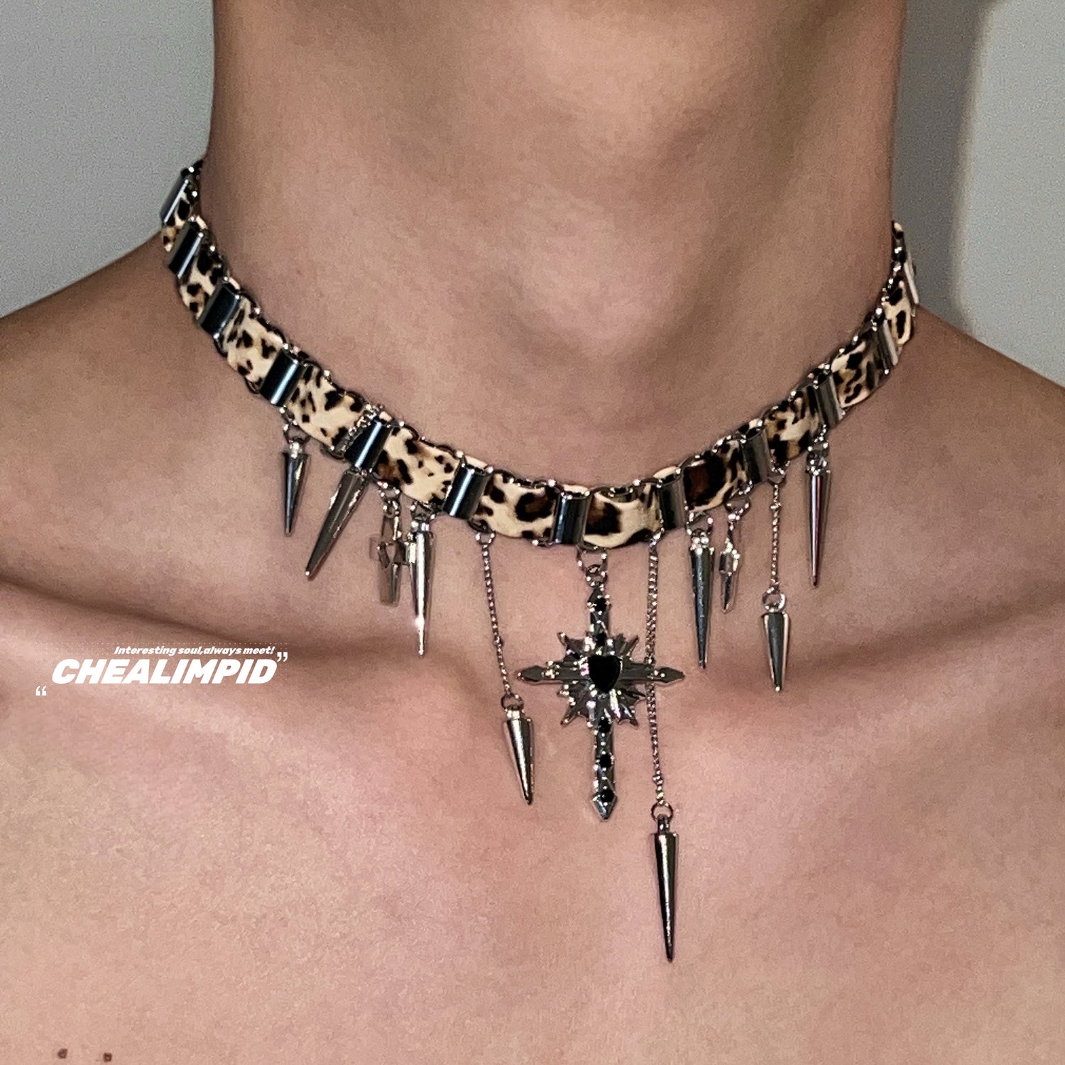 Leopard Print Rivet Cross Choker