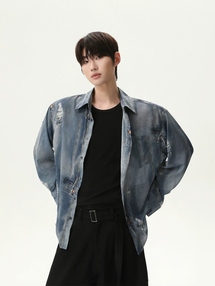 Imitation Denim Print Short Sleeve Shirt