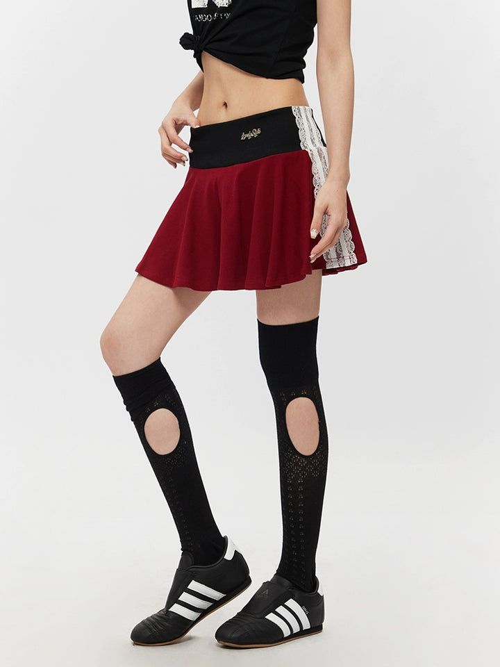 Lace Pleated High Waist A-Line Skirt
