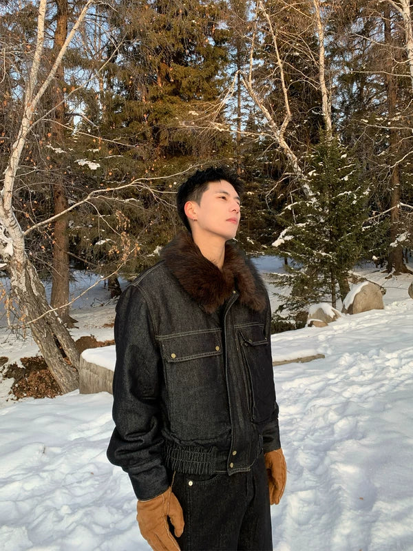 Veste en denim d'hiver avec col en fourrure pour la rue 