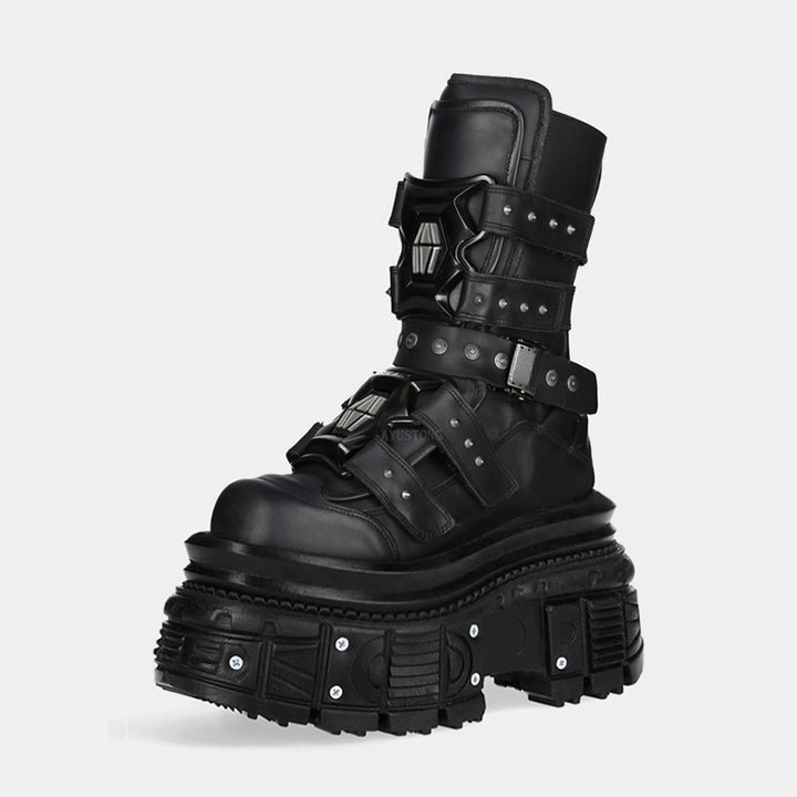 Thick-Soled Leather Platform Motorcycle Boots