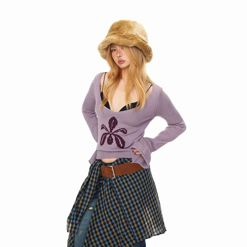 Floral V-Neck Knit Pullover Sweater