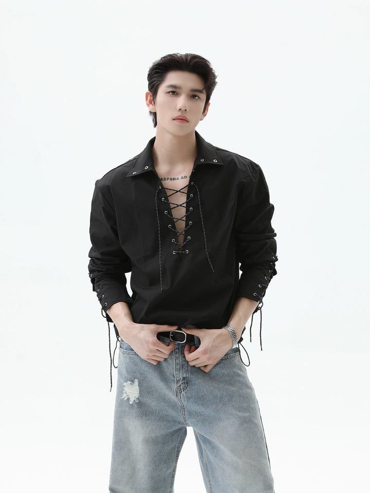 V-Neck Lace-Up Long Sleeve Pullover