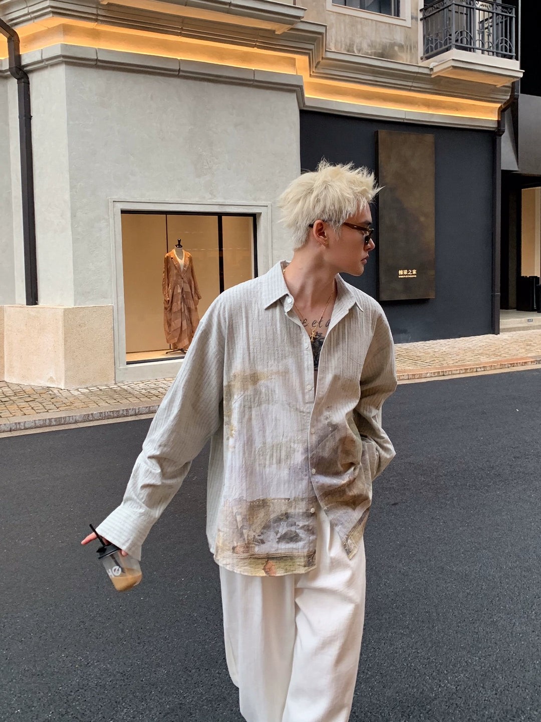 Retro blekket bomull-lin stoff casual skjorte 