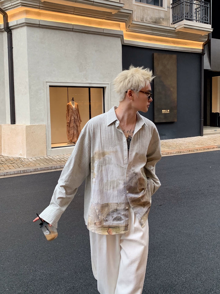 Retro blekket bomull-lin stoff casual skjorte 