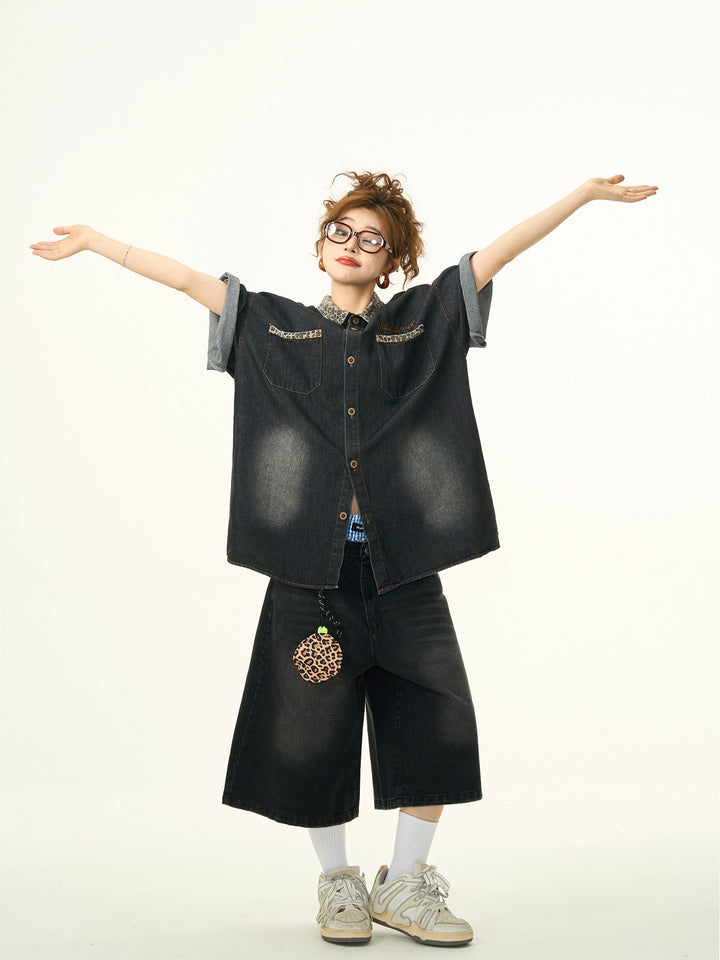 Chemise en denim à manches courtes en patchwork léopard 