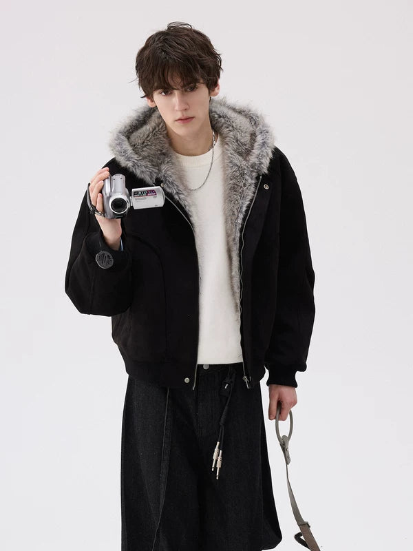 Manteau épais à capuche d'hiver avec garniture en fourrure 