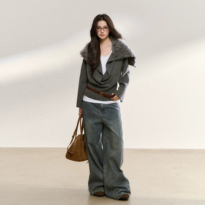 Faux Fur Collar Loose Knit Sweater