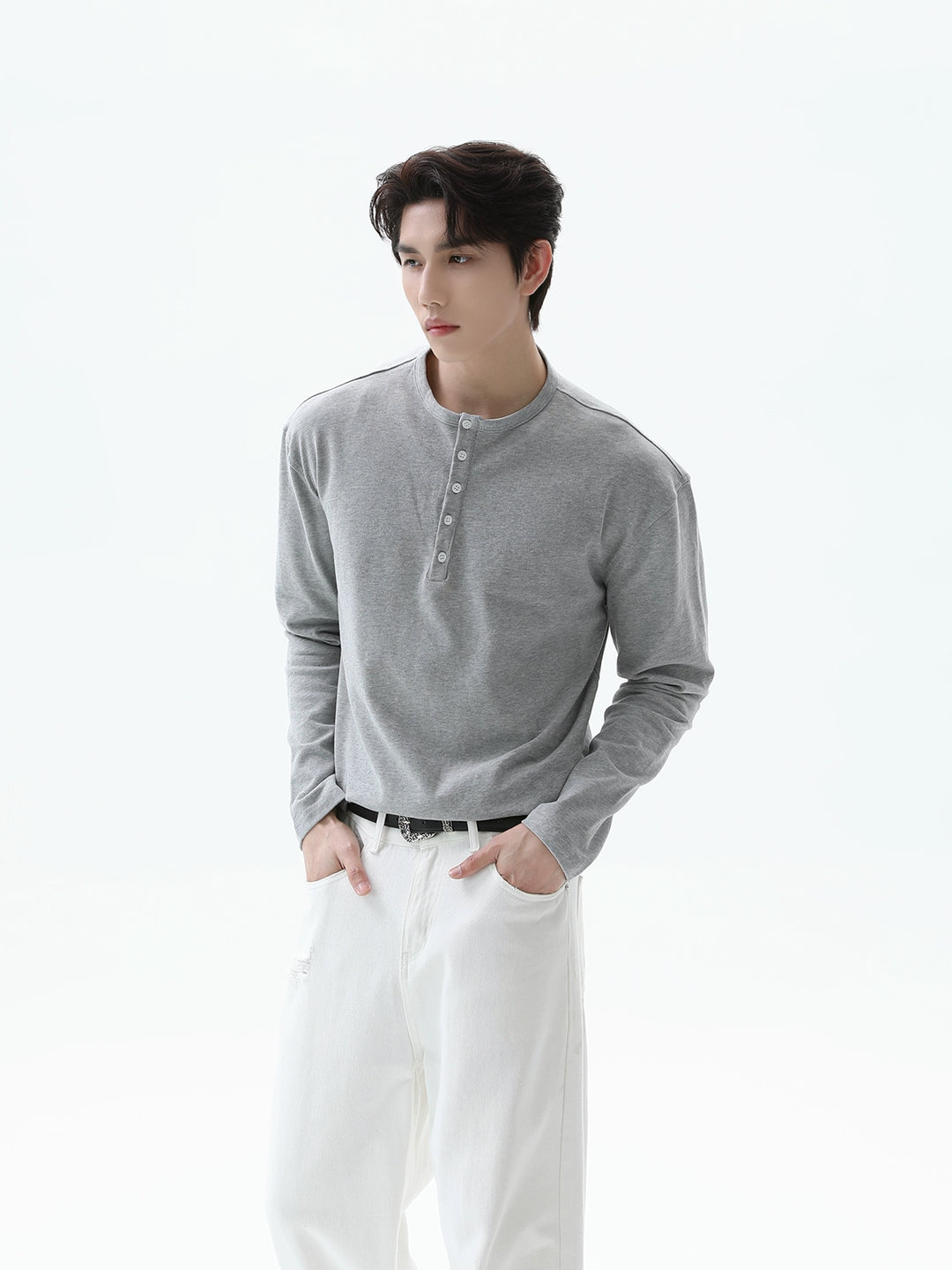 Henley-Kragen Langarm Slim Pullover 