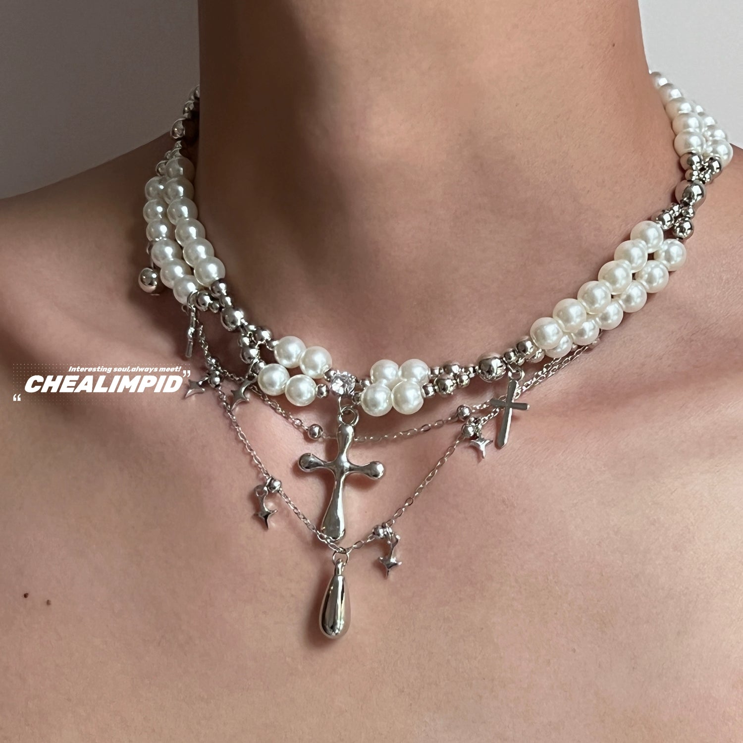 Layered Pearl Cross Pendant Necklace