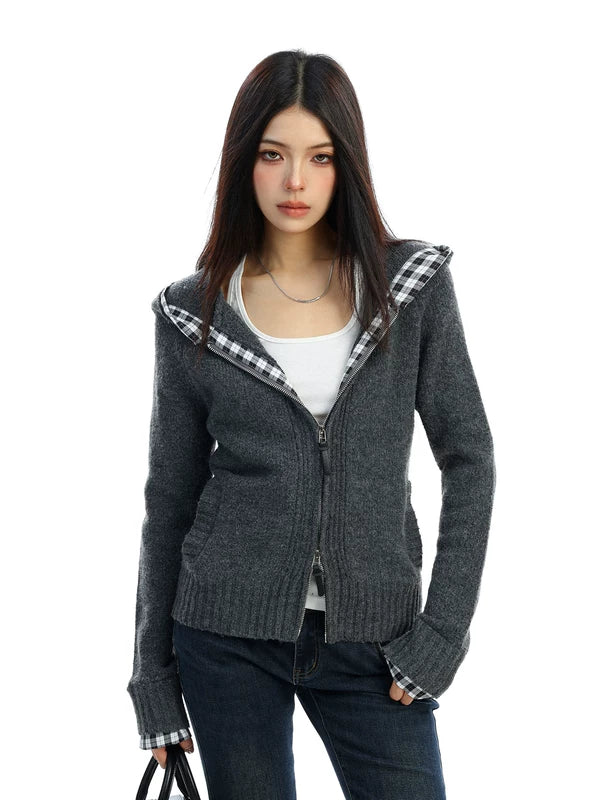 Plaid Lined Zip Up Hooded Sweater