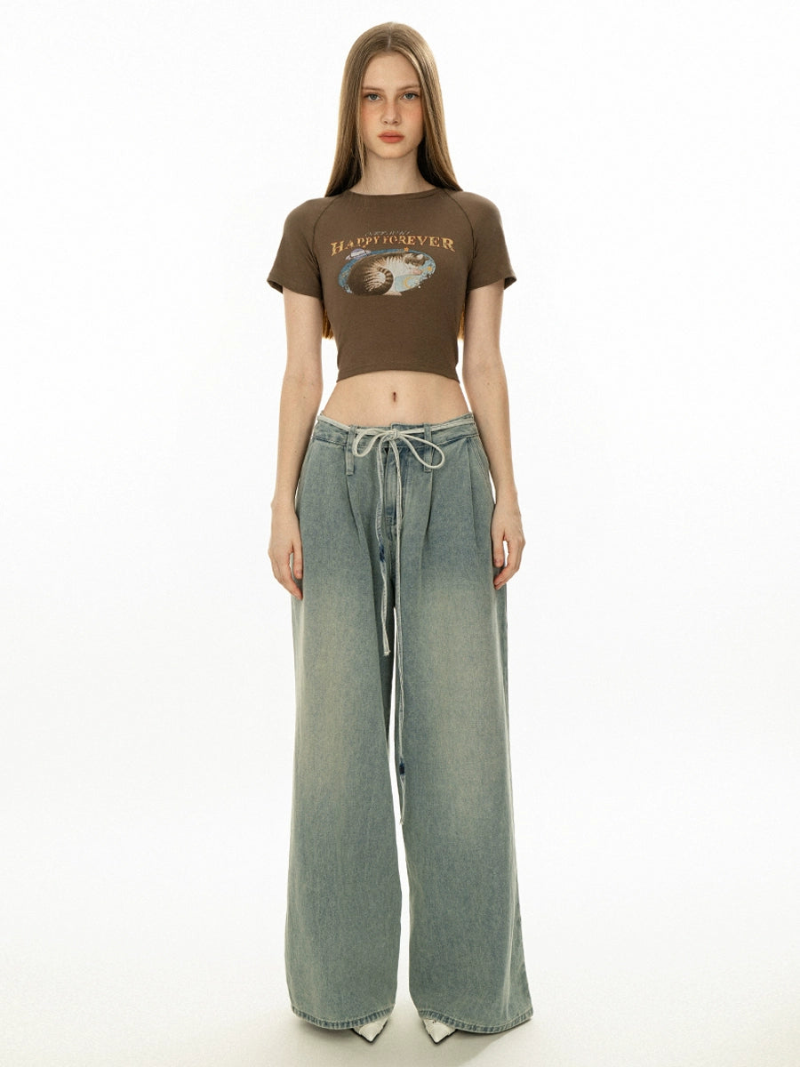 Wide Leg Washed Denim Casual Pants