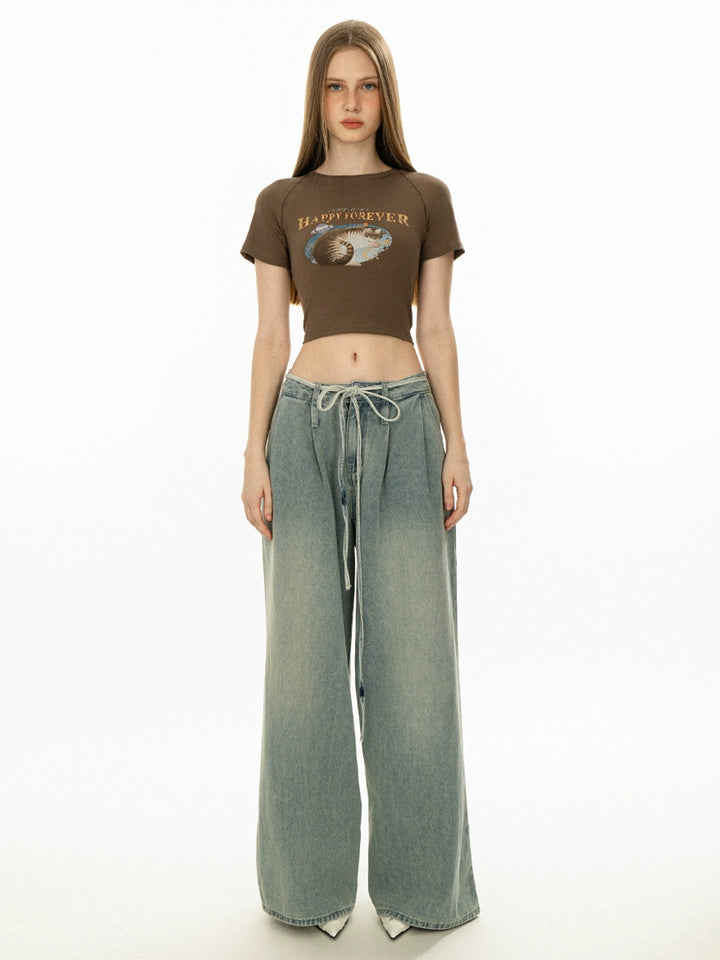 Wide Leg Washed Denim Casual Pants