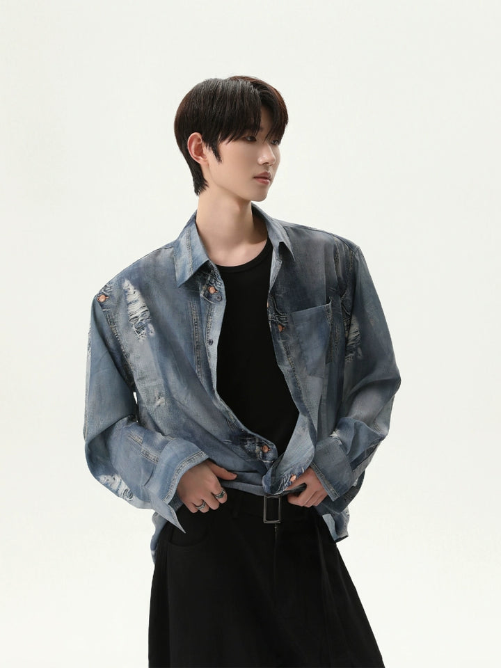 Imitation Denim Print Short Sleeve Shirt