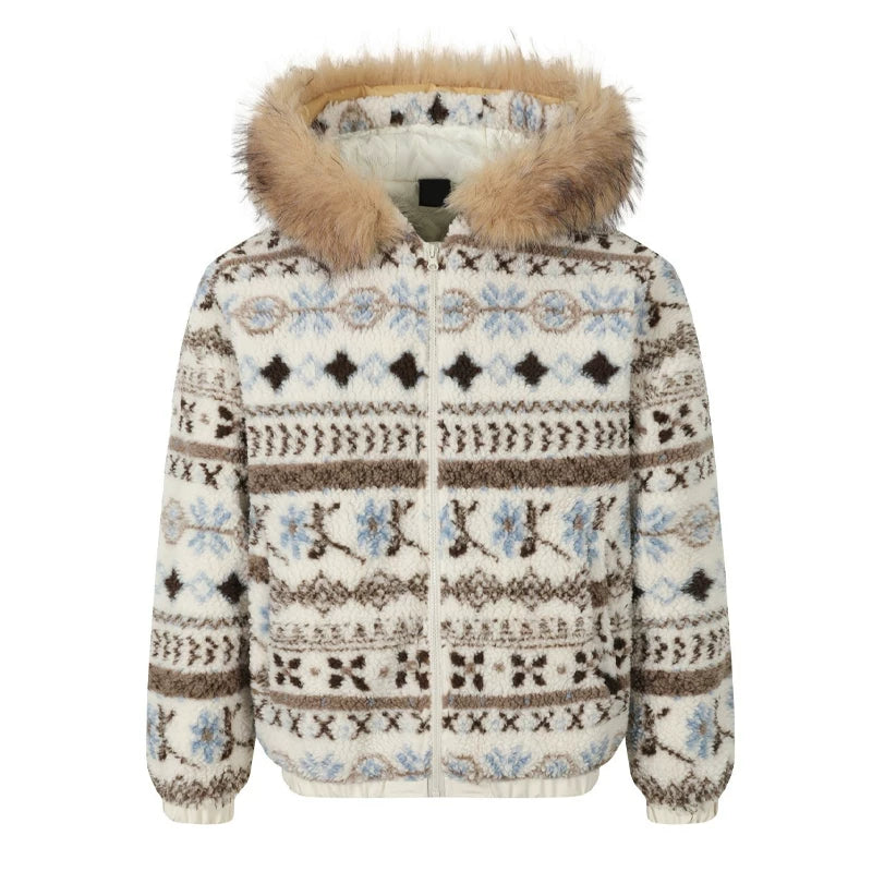 Veste en coton avec col en fourrure amovible Fair Isle 
