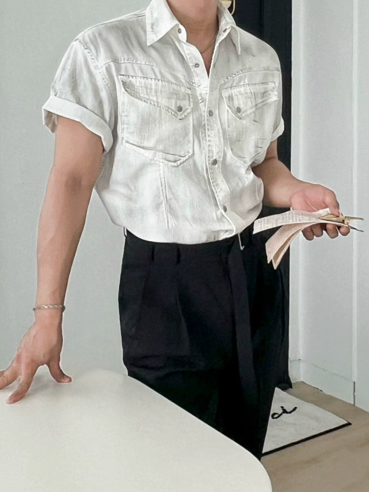 ウォッシュド ダメージ デニム ショートスリーブ シャツ 