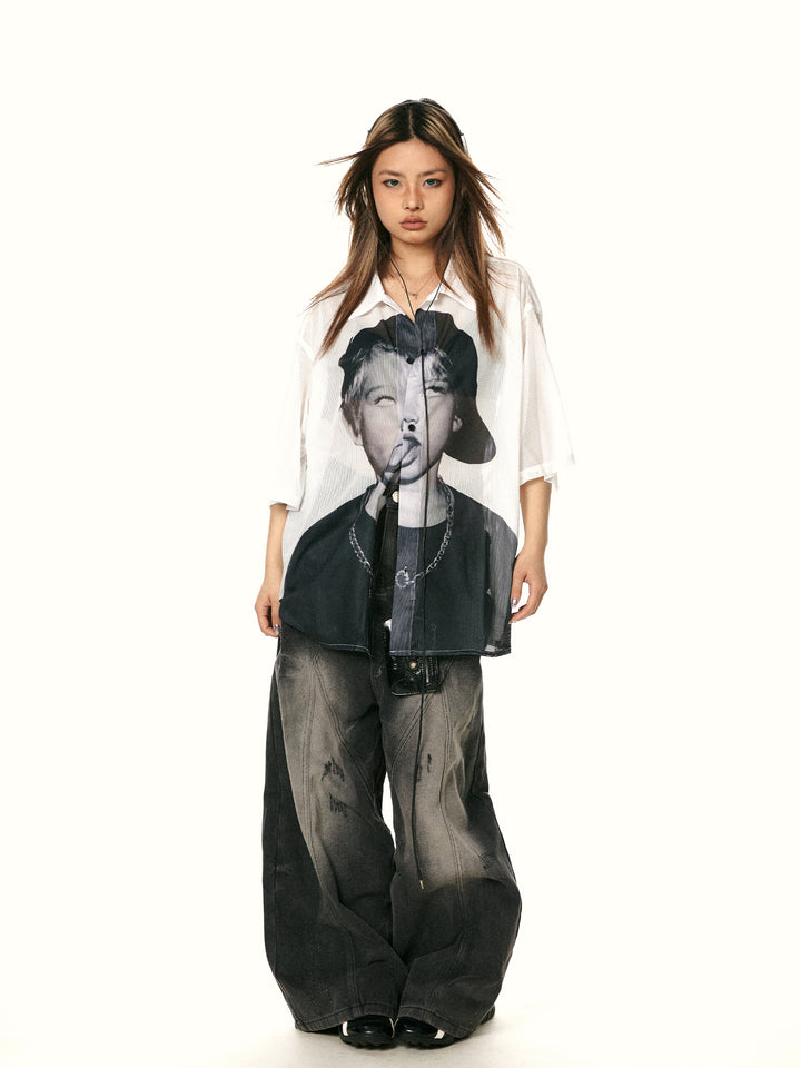 Mesh Character Print Loose Shirt