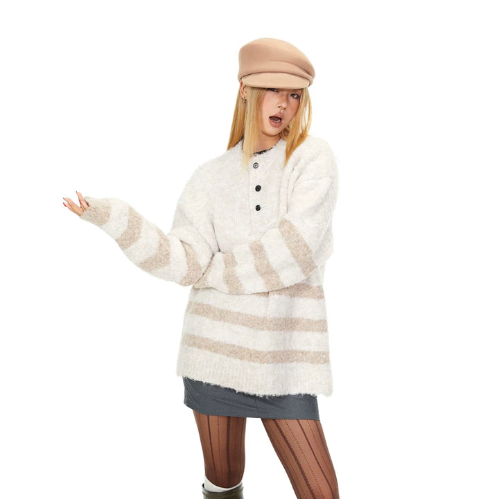 Striped Henley Collar Knit Sweater