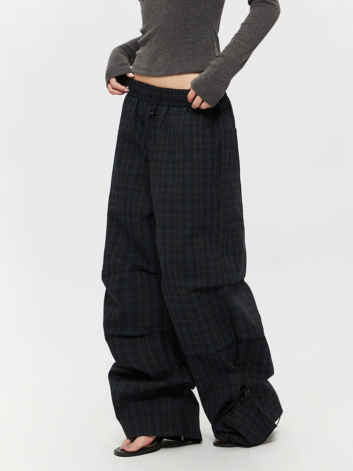 Plaid Wide-Leg Paratrooper Casual Pants