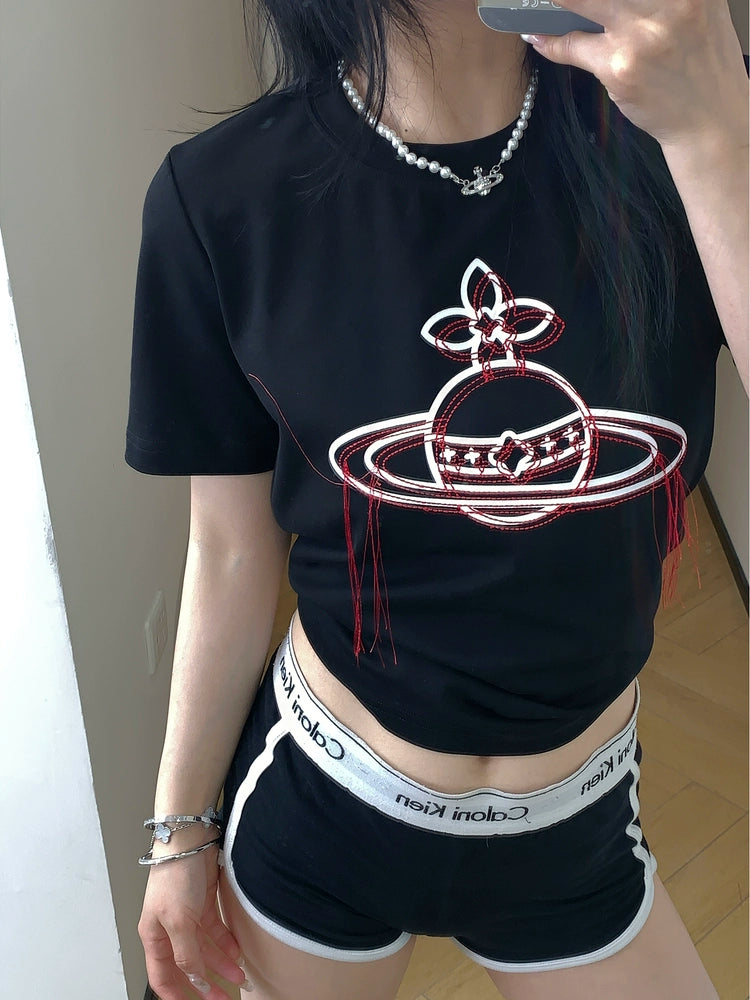Embroidered Tassel Short Sleeve T-shirt