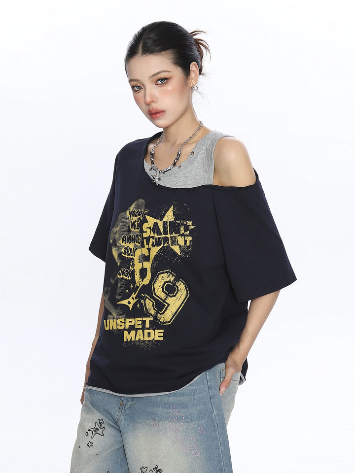 Σετ T-Shirt με εκτύπωση Γκράφιτι και ανοιχτούς ώμους 