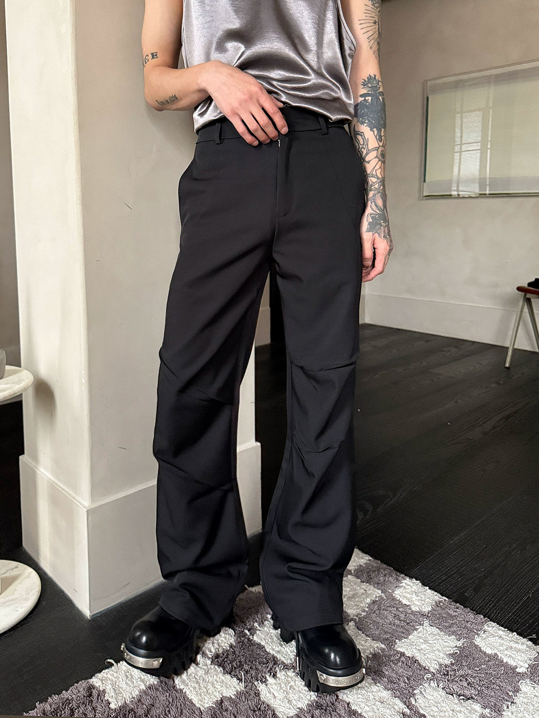 Pleated Drape Micro-Flared Pants
