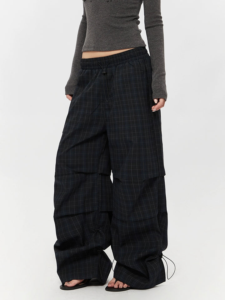 Plaid Wide-Leg Paratrooper Casual Pants