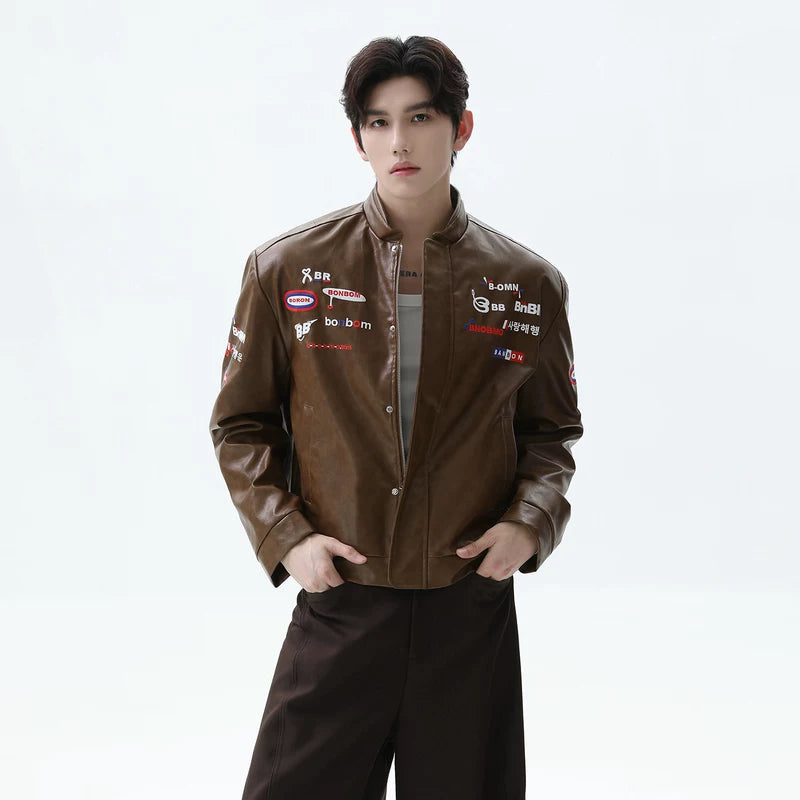 Stand-Collar Leather Motorcycle Jacket