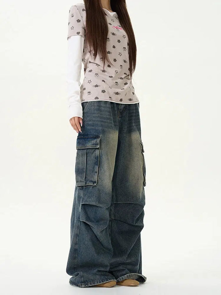 Retro Pleated Multi-Pocket Workwear Jeans
