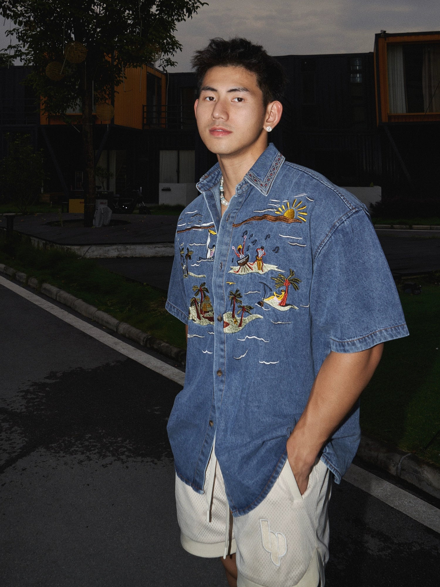 Embroidered Denim Short Sleeve Retro Shirt