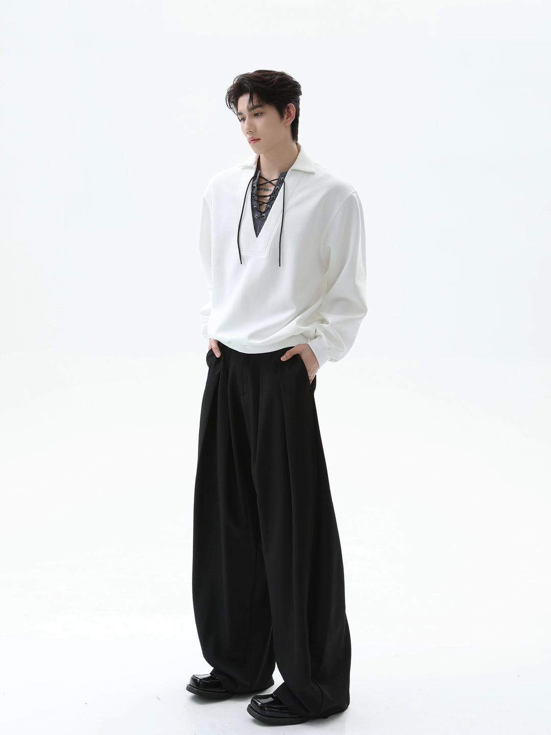 Splicing Lapel Tie Rope Pullover