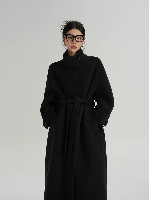 Stand Collar Belted Wool Overcoat