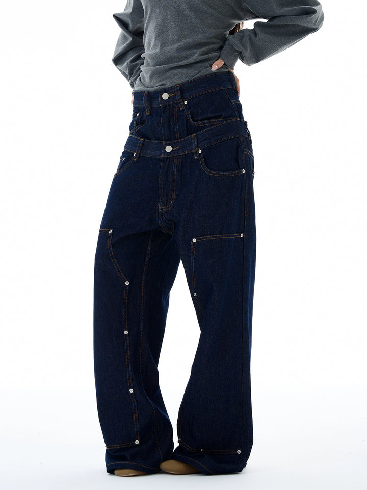 Pantalones de mezclilla de pierna ancha sueltos de cintura doble 