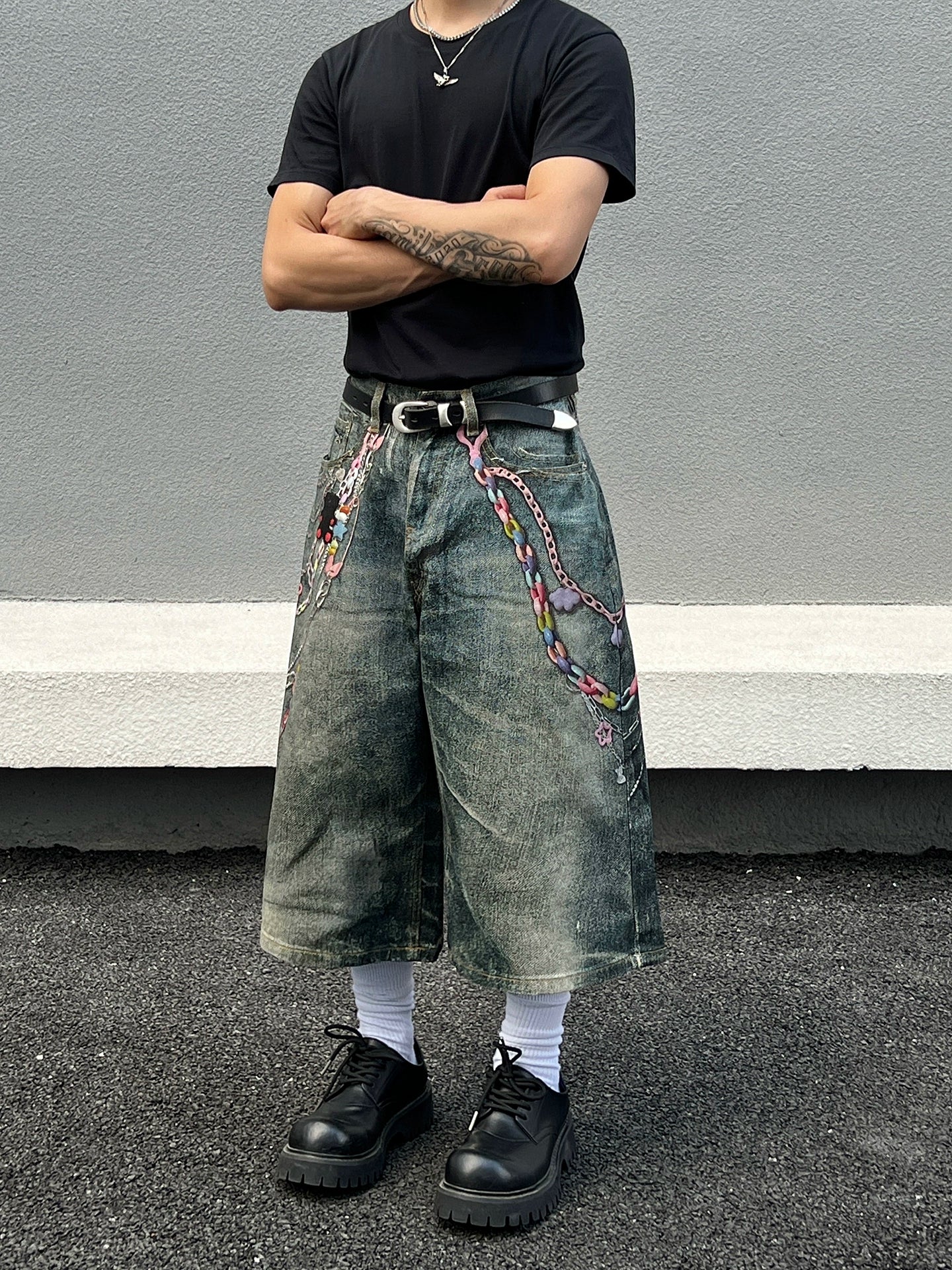 Digital Print Distressed Wide-Leg Pants