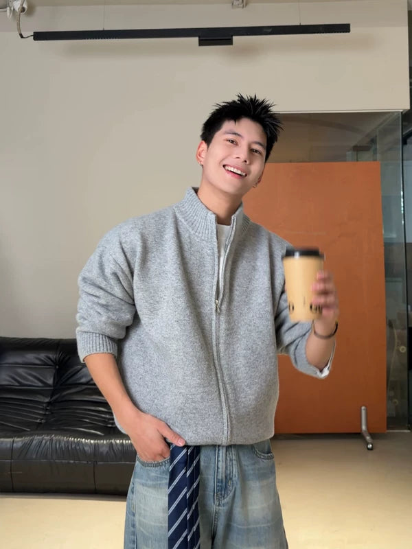 헤비웨이트 집 스탠드 칼라 니트 가디건 