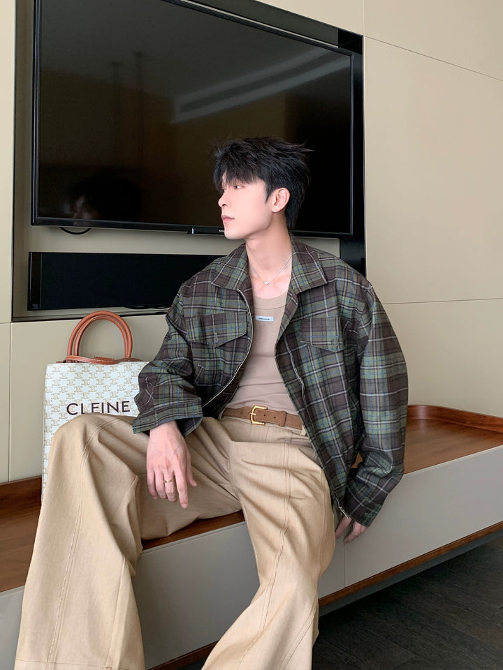 Plaid Loose Lapel Vintage Flight Jacket