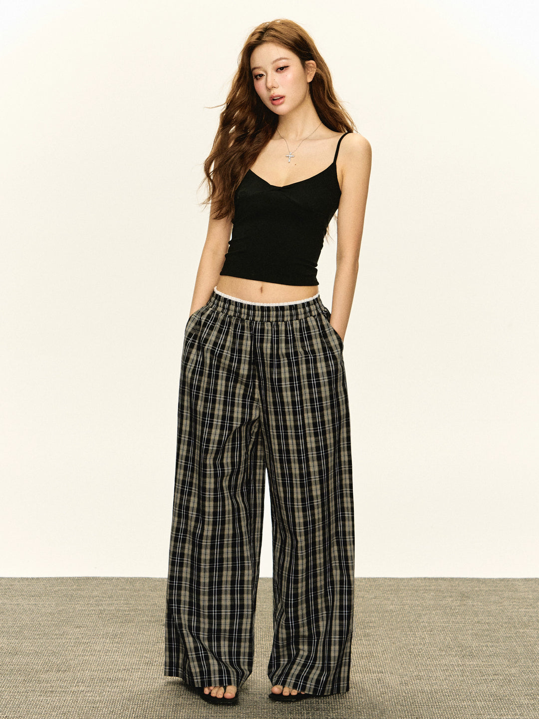 Retro Plaid Wide Leg Casual Pants