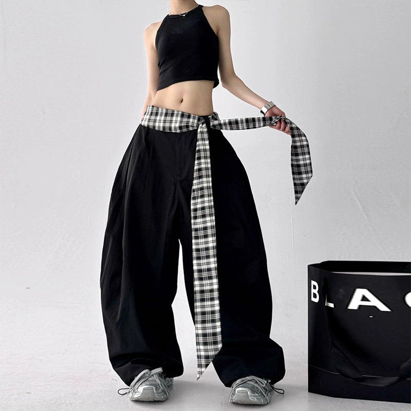 Wide Leg Plaid Belt Casual Pants