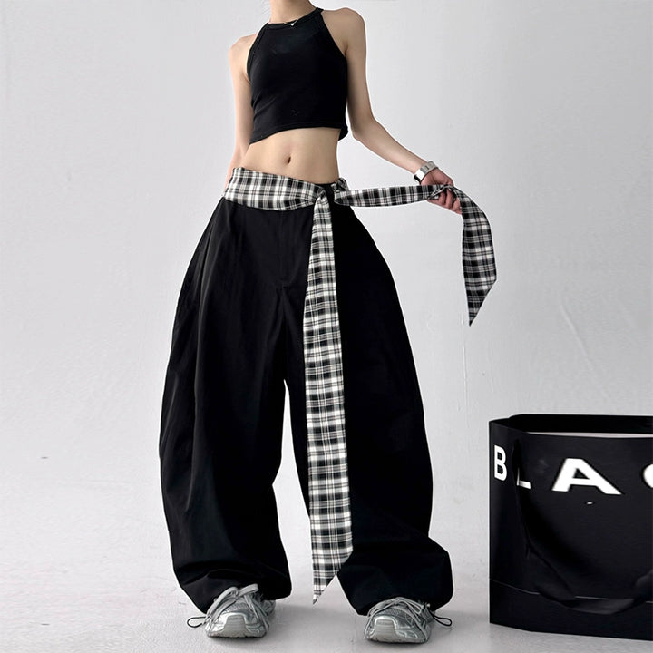 Wide Leg Plaid Belt Casual Pants