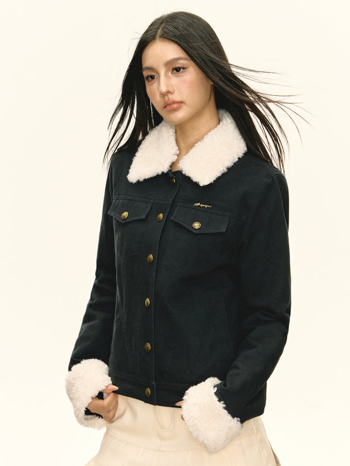 Cotton Shearling Collar Button-Up Coat