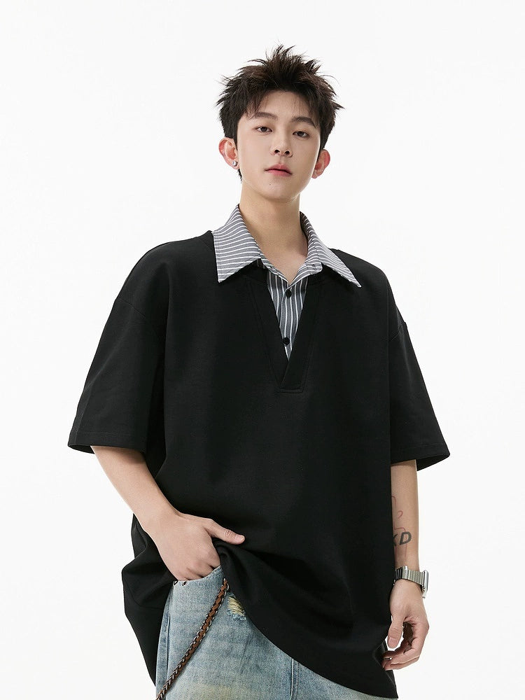 Striped Lapel Loose Polo Shirt