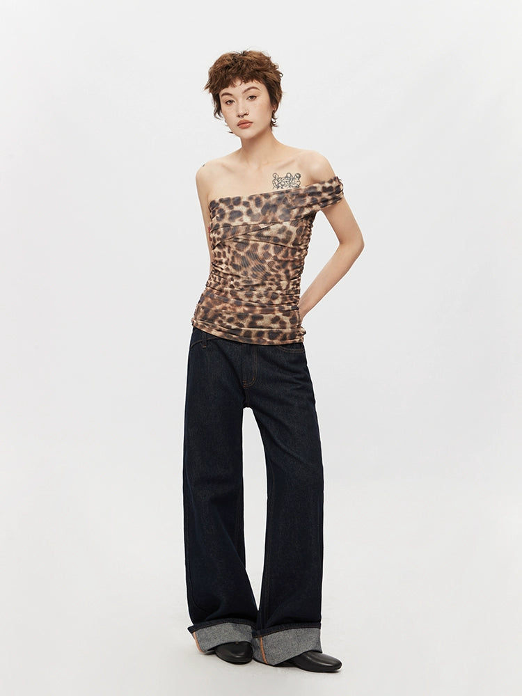 Leopard Print Off-Shoulder Ruched Tank Top