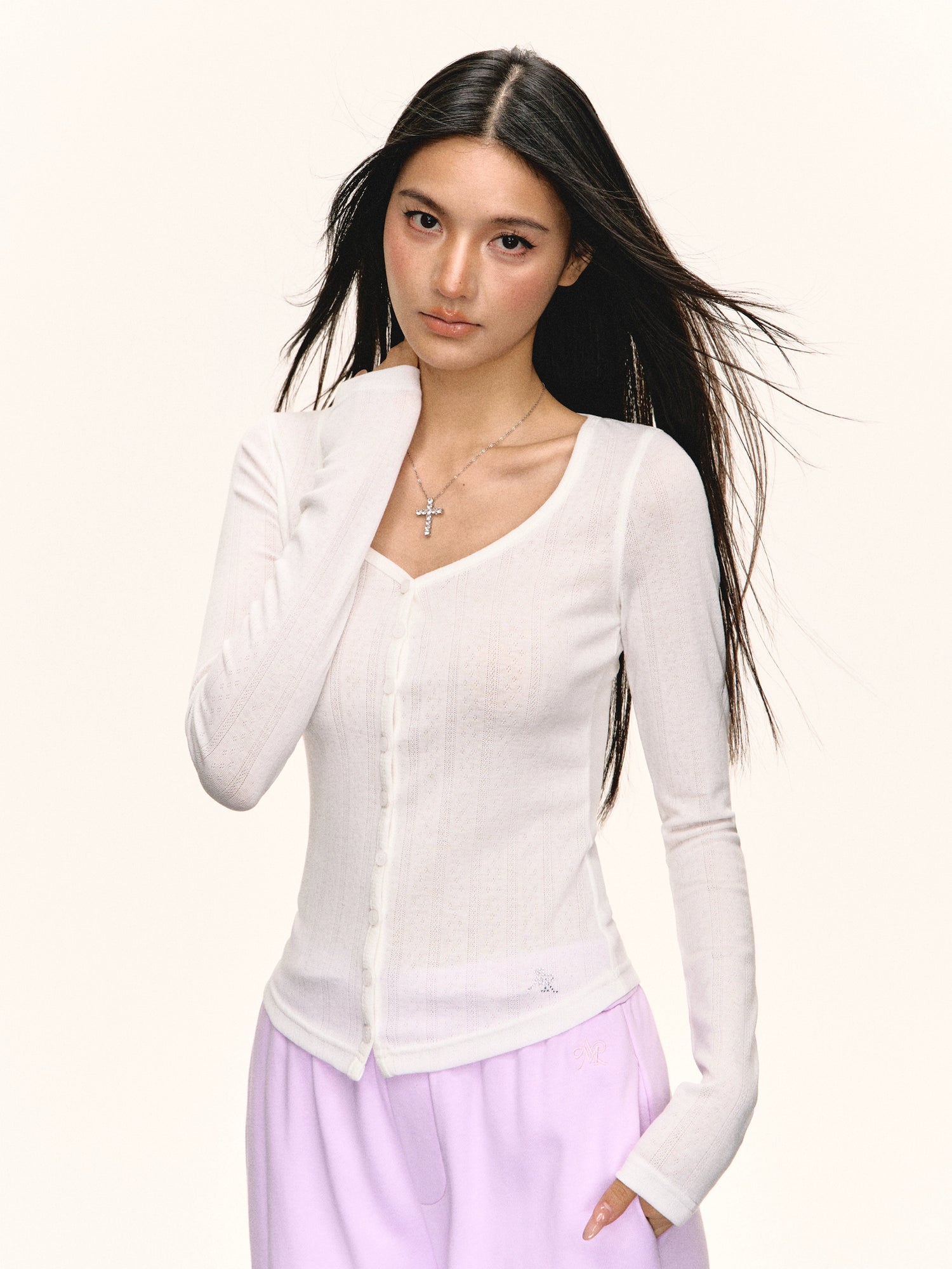 レトロスリムニット長袖トップ 