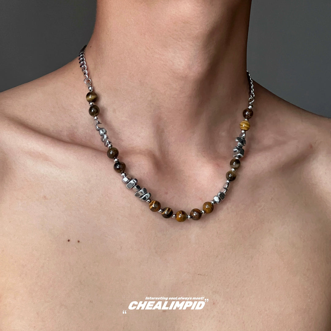 Tiger Eye Stone Silver Bead Necklace