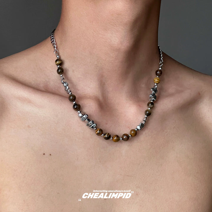 Tiger Eye Stone Silver Bead Necklace