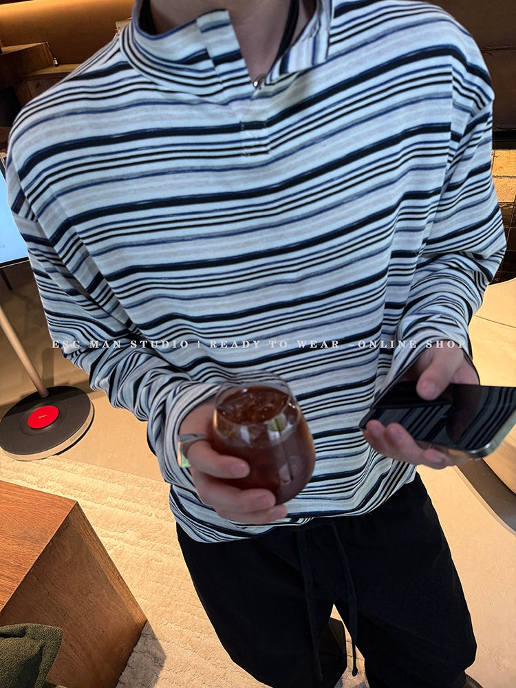 Dik Yaka Çizgili Bol Uzun Kollu Kazak 