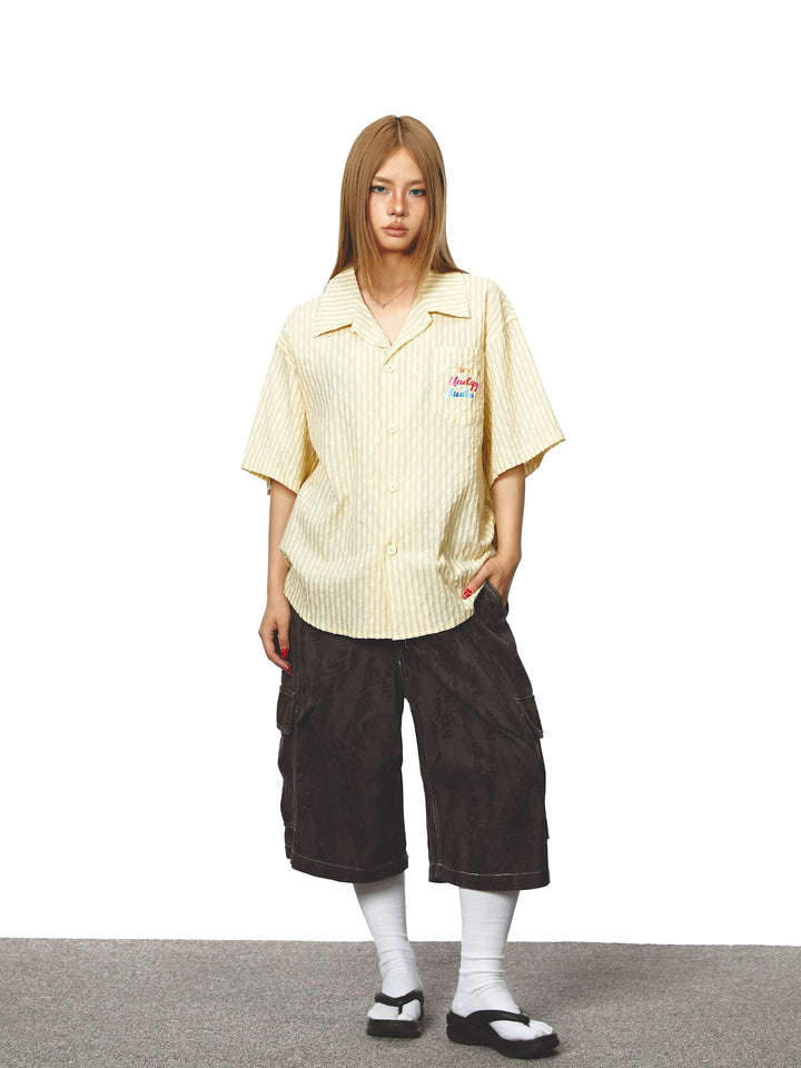 Striped Lapel Short Sleeve Loose Shirt